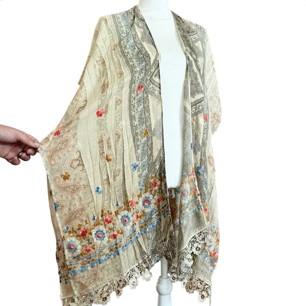 Origami boho open cardigan kimono lace embroidered coastal grandma western OS - Picture 5 of 14